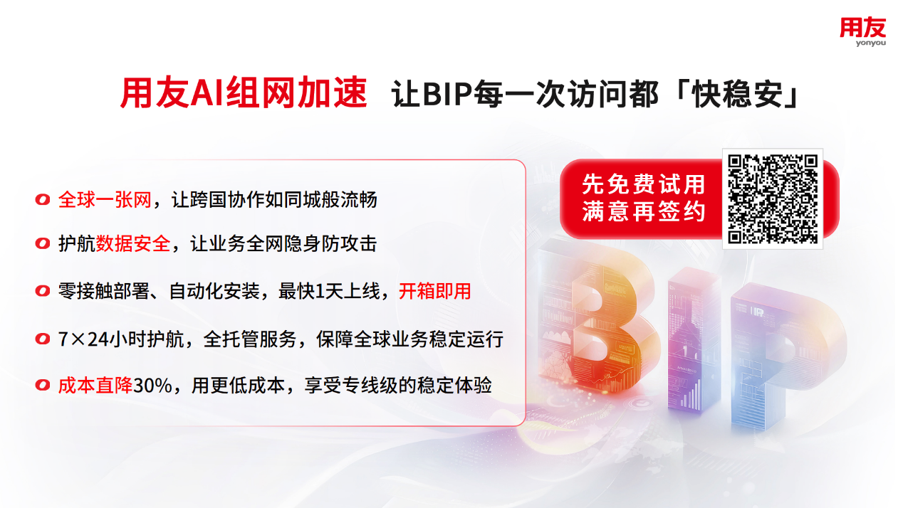 用友BIP AI组网免费试用，告别卡顿，全球业务顺畅。